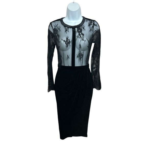 Missguided Sheer Lace Velvet Midi Dress Black Sz 6 Long-Sleeve Lined Draped Hip - Picture 3 of 10